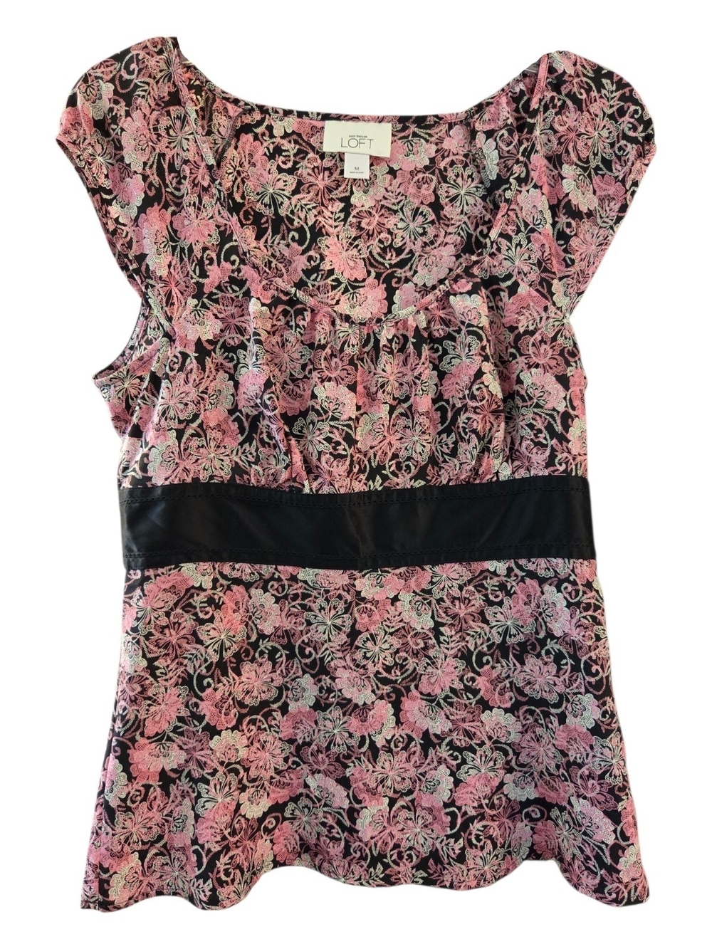 Vintage Ann Taylor LOFT Y2K Black & Pink Floral Babydoll Top - Size M